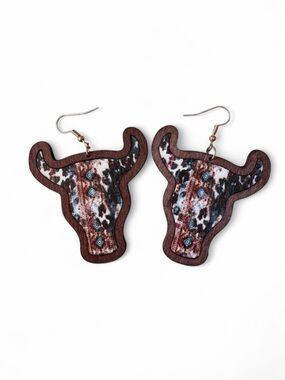 NIP Western Wood Longhorn Bull Earrings Cow Print Boho Statement